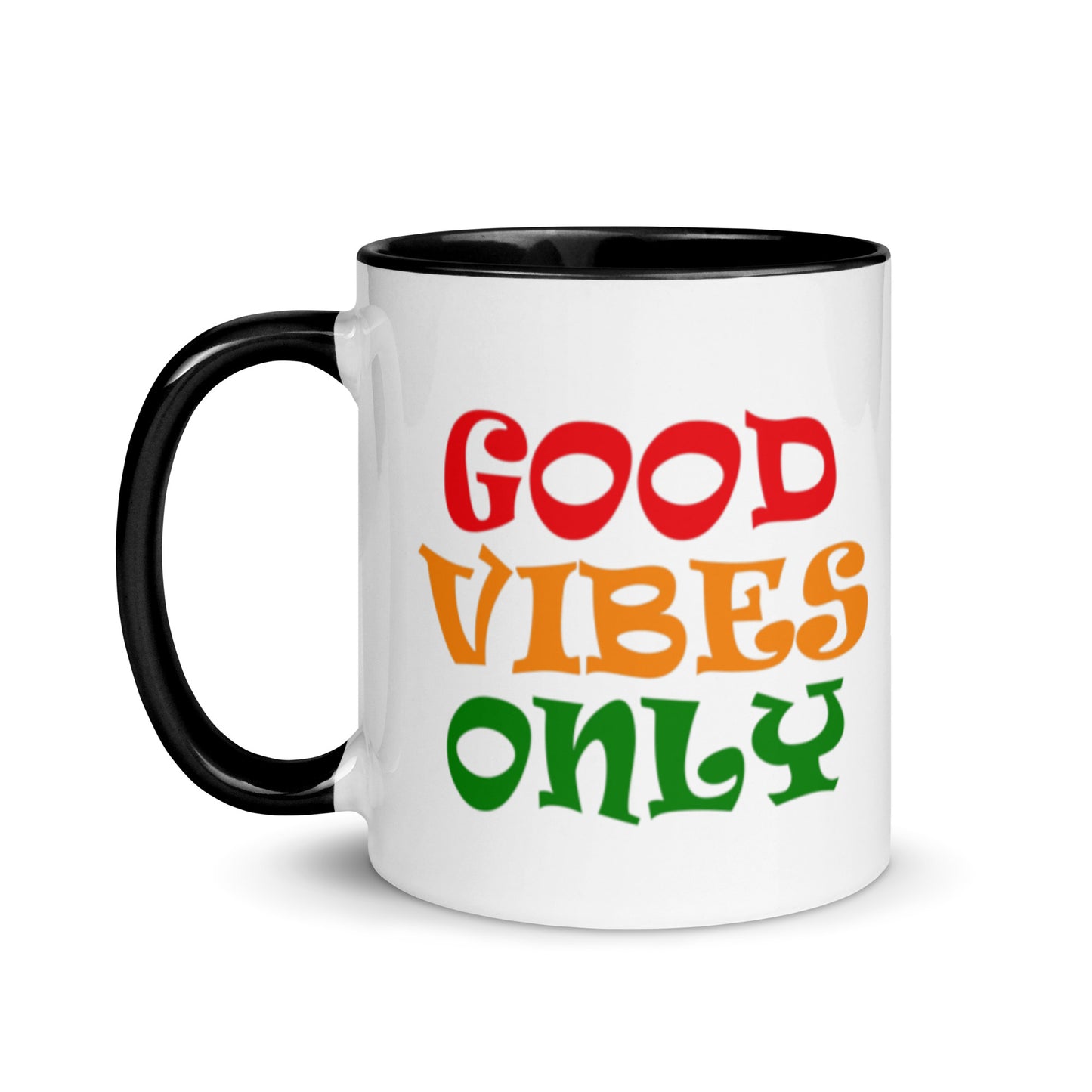 good vibes only ceramic mug, black interior and black handle
