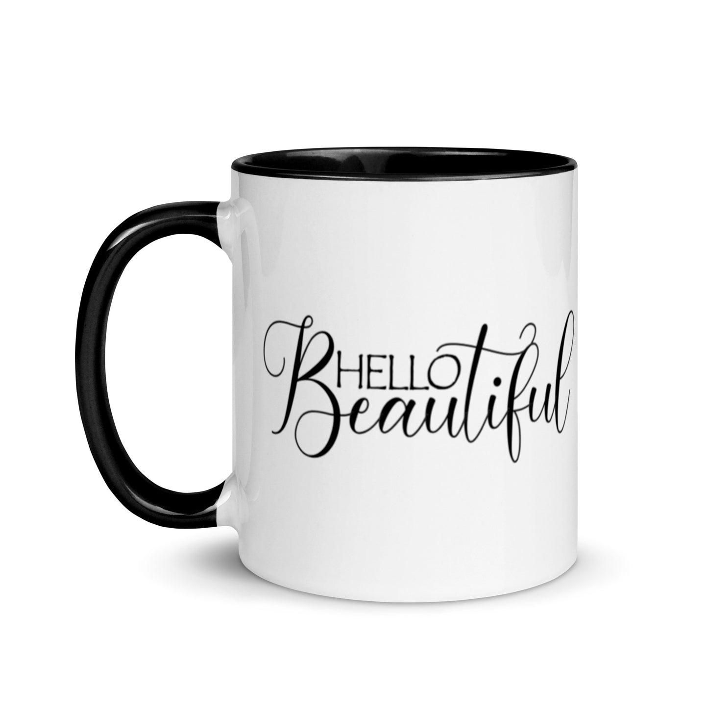 Hello beautiful mug with black interior and handle