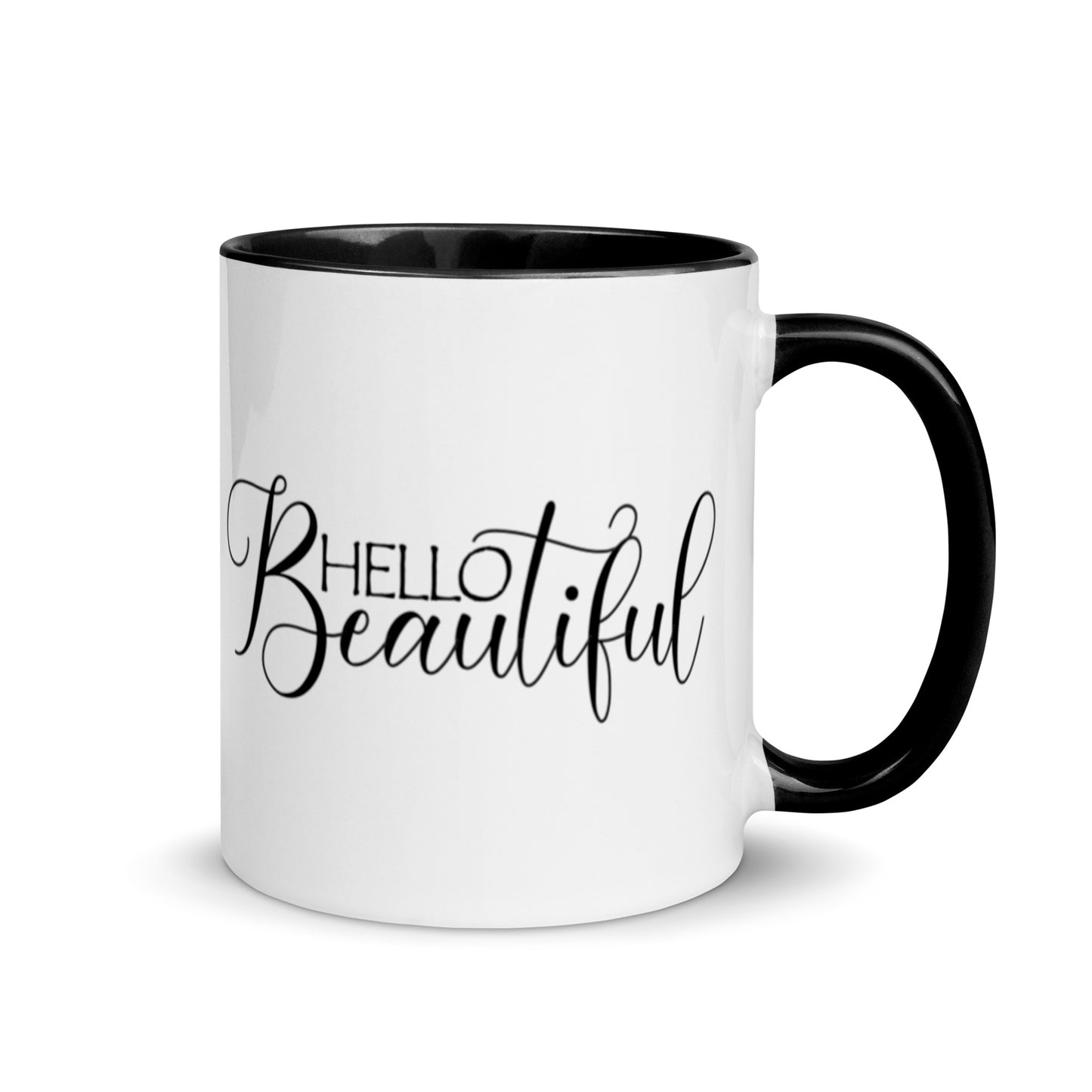 Hello beautiful mug with black interior and handle