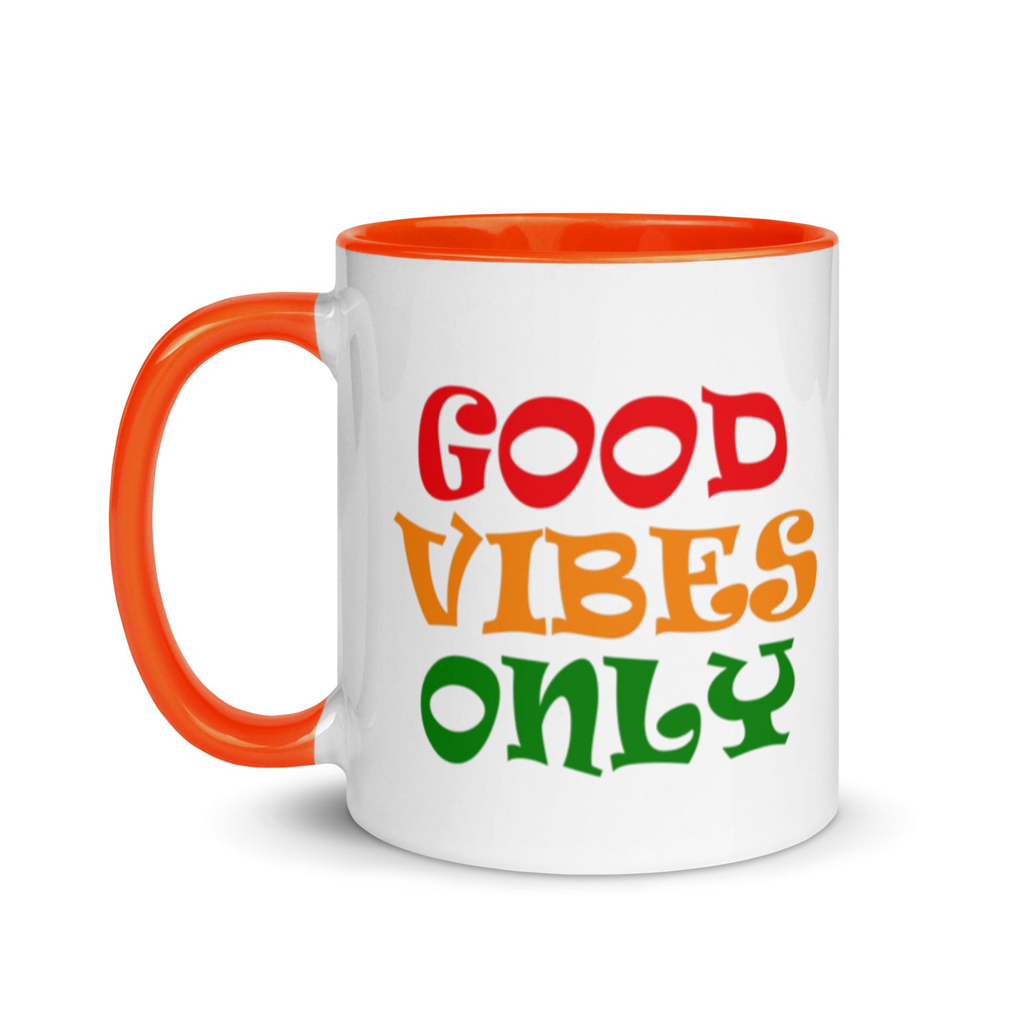good vibes only ceramic mug, orange interior and orange handle