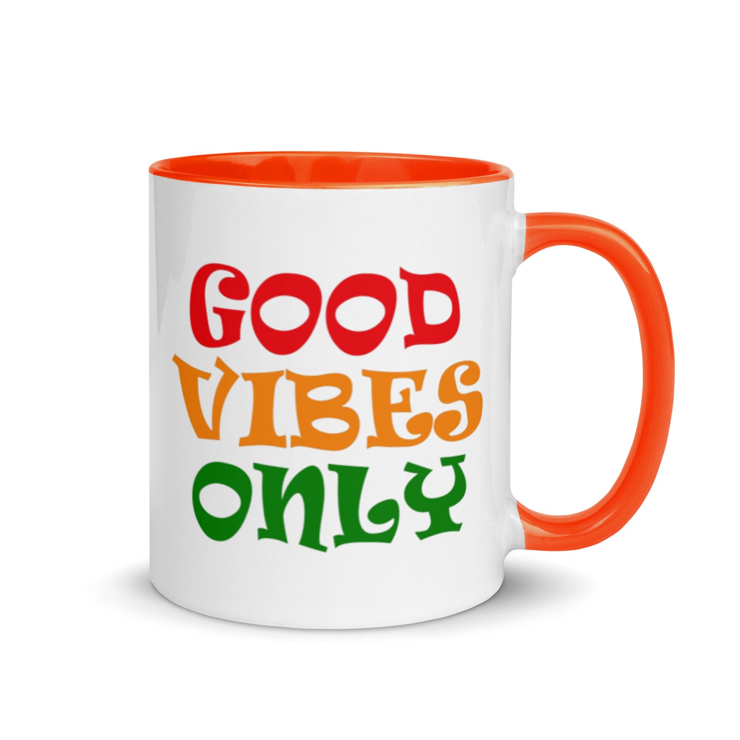 good vibes only ceramic mug, orange interior and orange handle