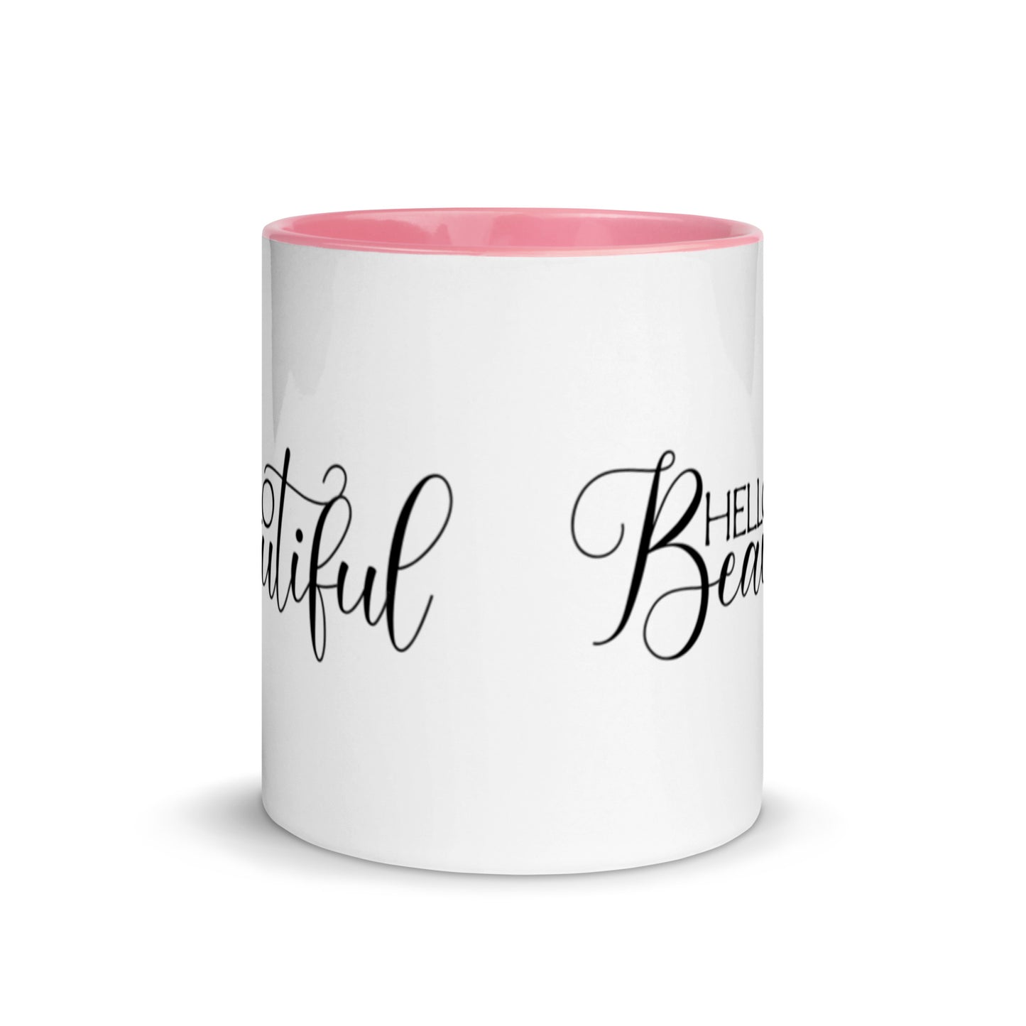 Hello beautiful mug with pink interior and handle