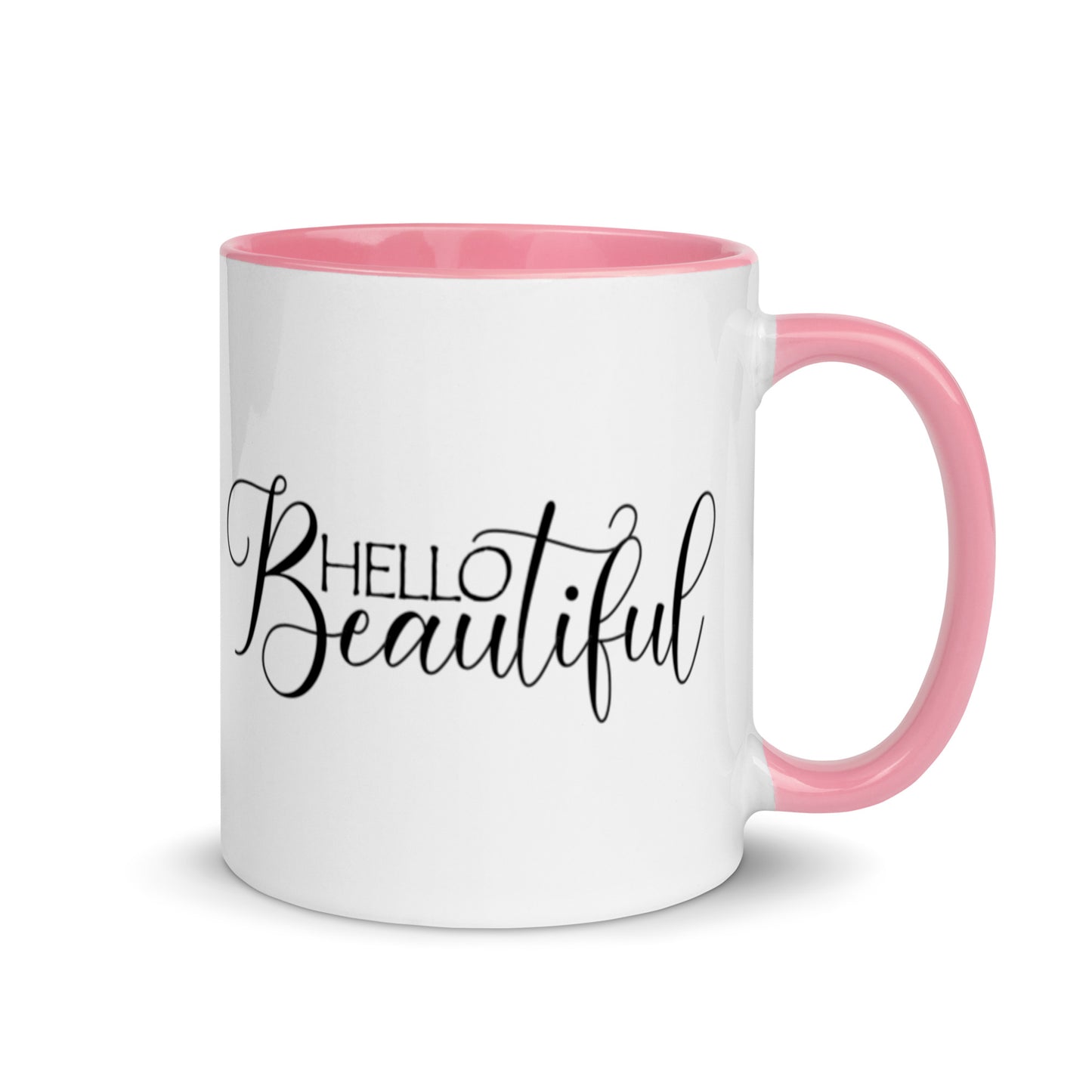 Hello beautiful mug with pink interior and handle
