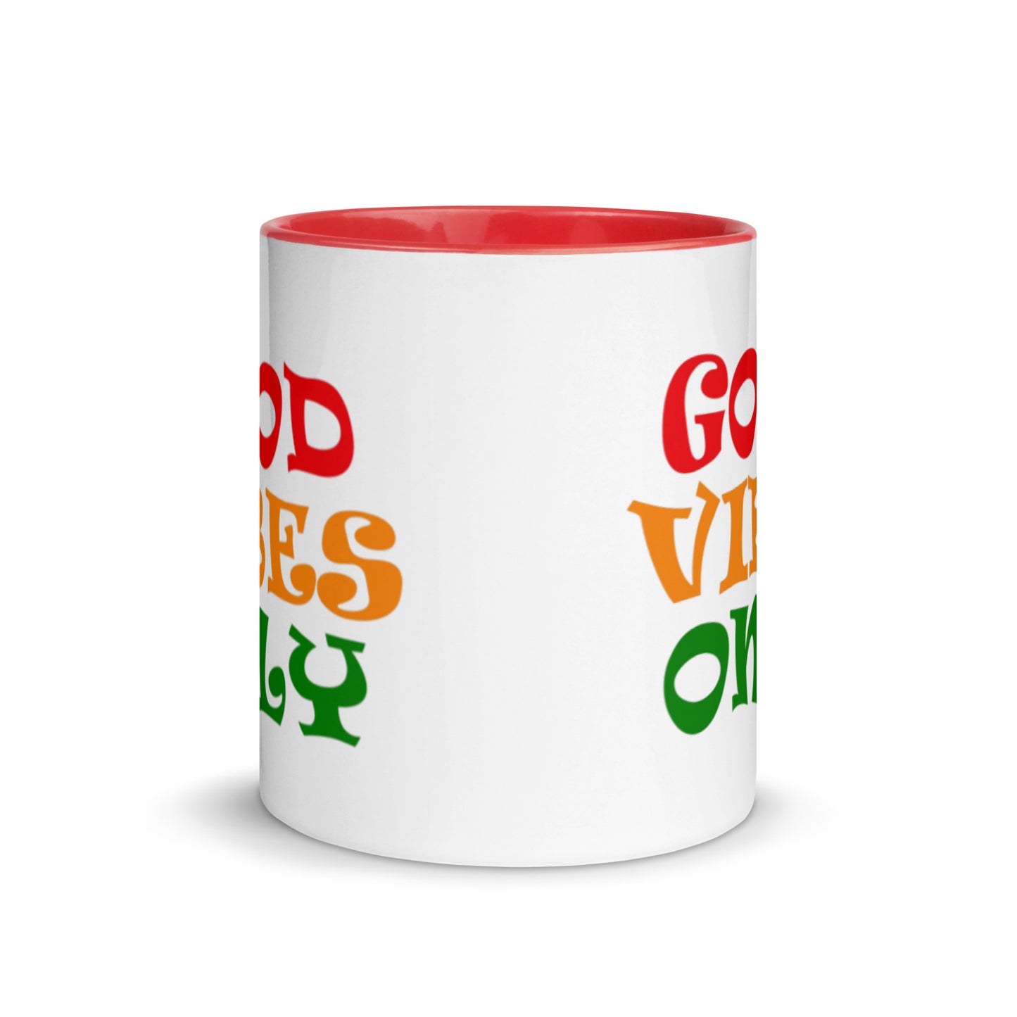good vibes only ceramic mug, red interior and red handle
