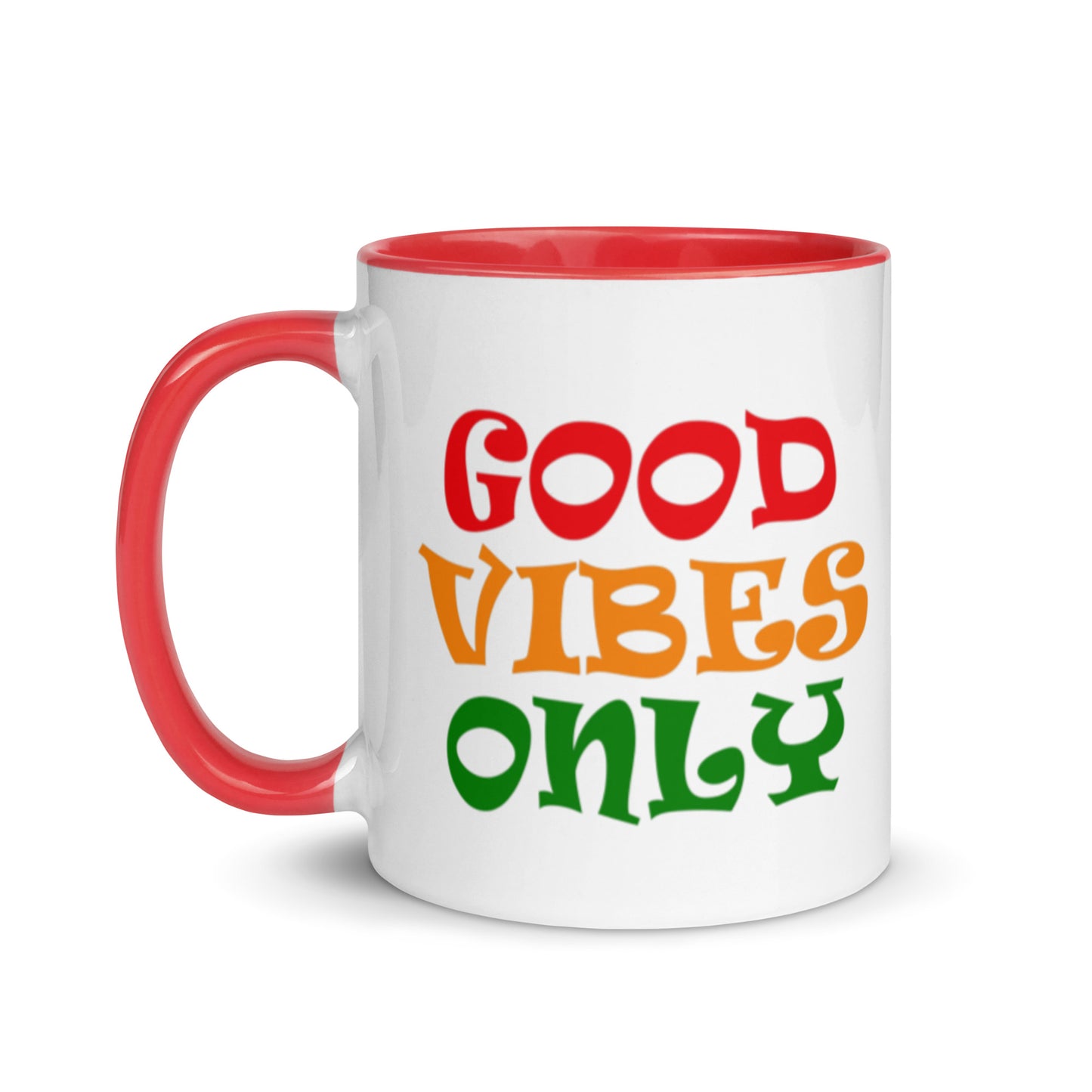good vibes only ceramic mug, red interior and red handle