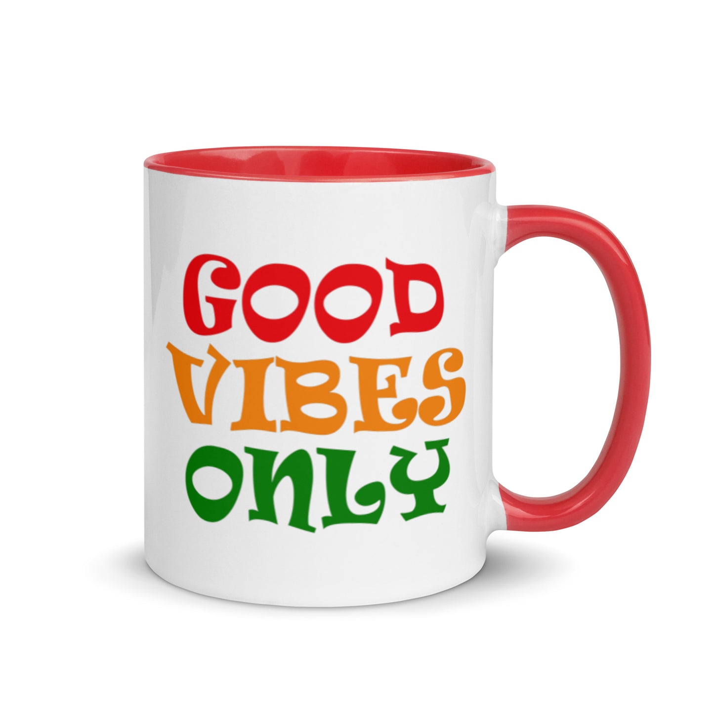 good vibes only ceramic mug, red interior and red handle