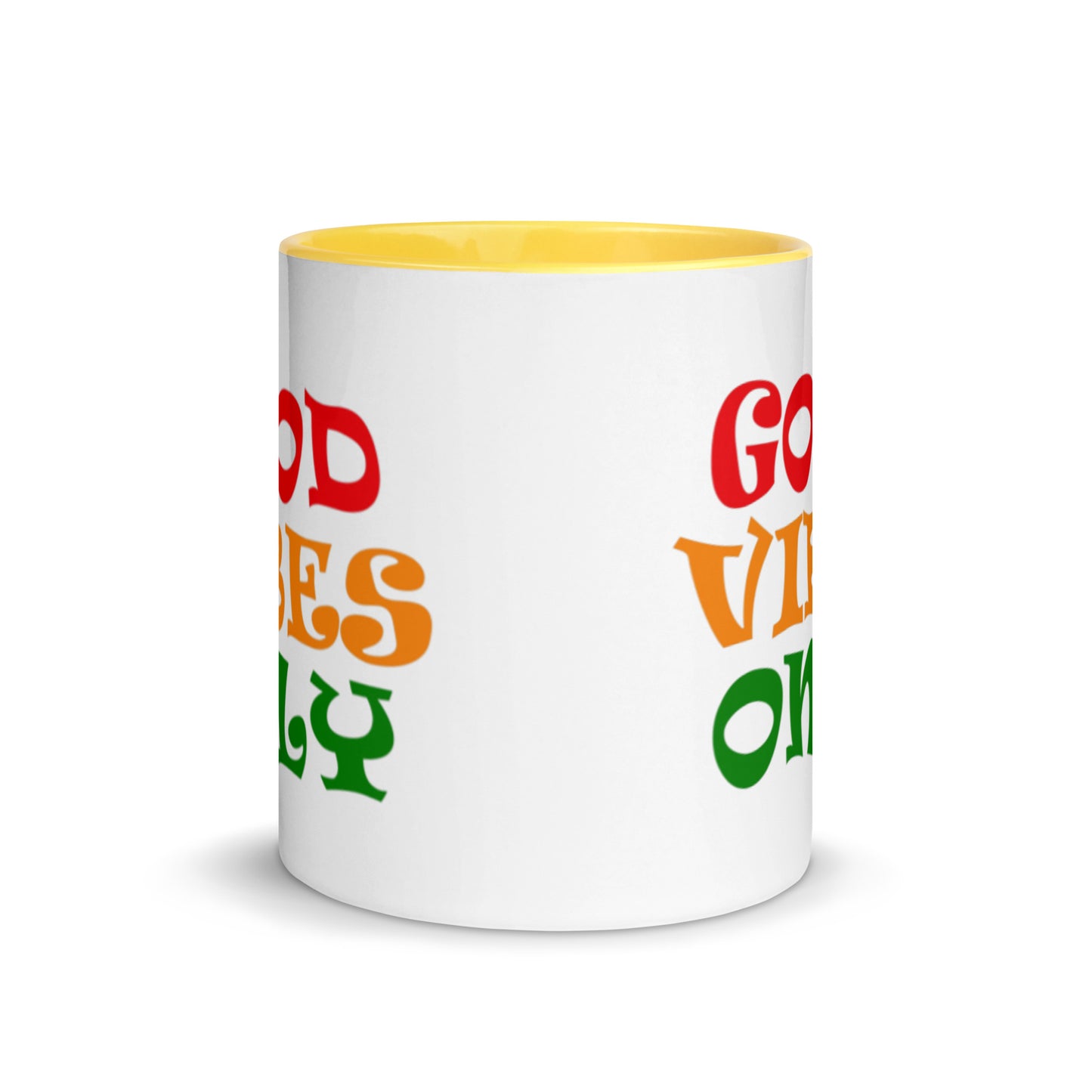 good vibes only ceramic mug, yellow interior and yellow handle