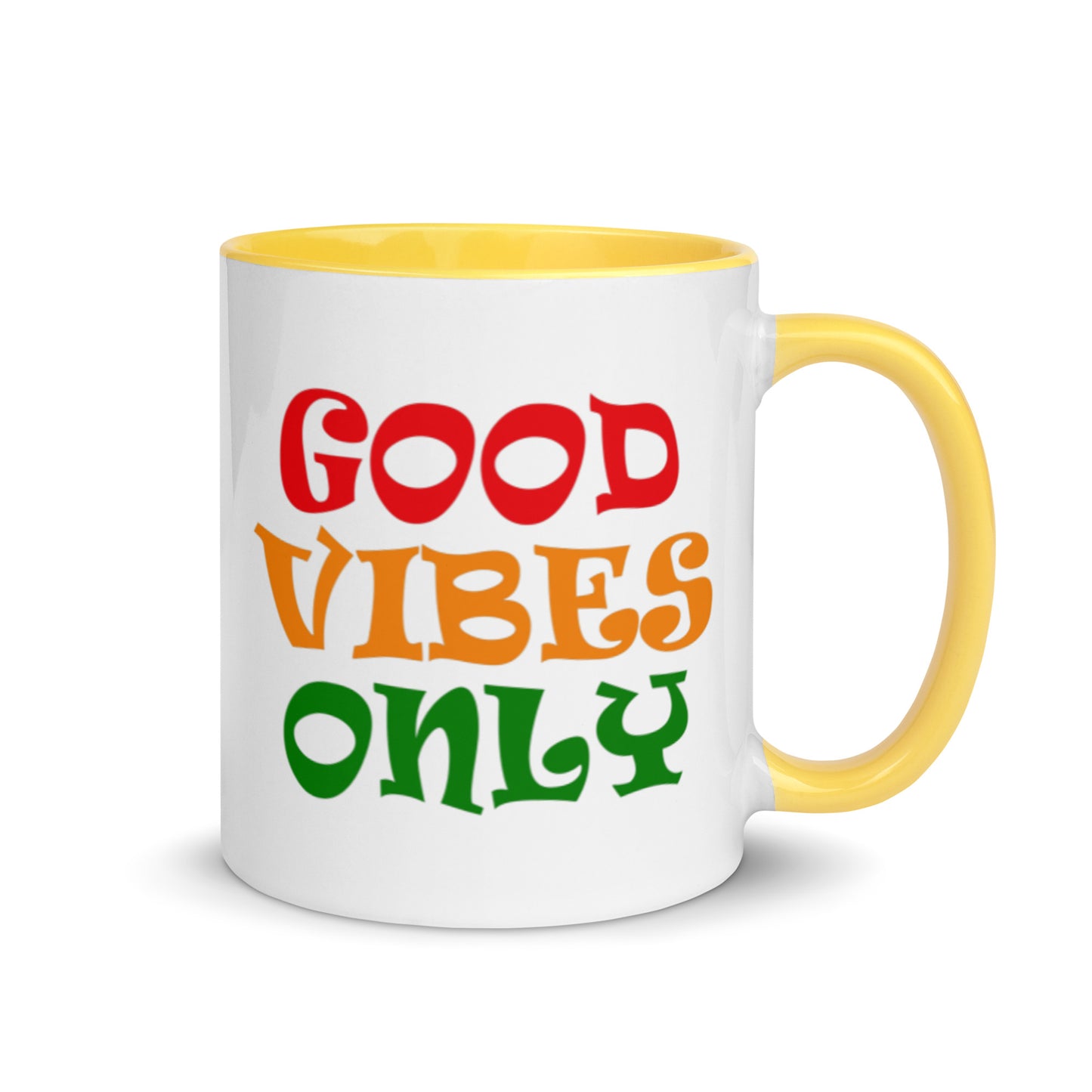 good vibes only ceramic mug, yellow interior and yellow handle