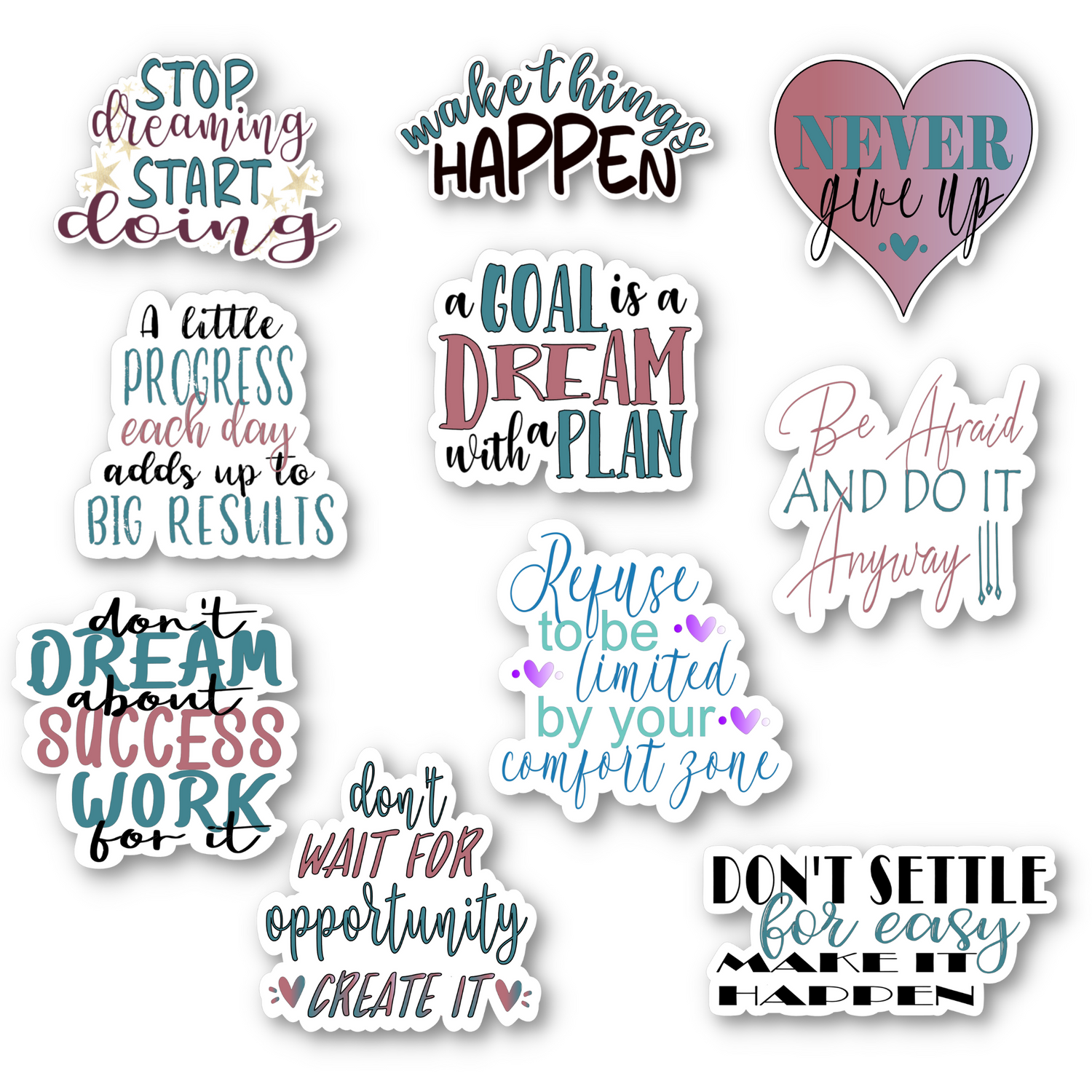Success quotes sticker pack. Includes the following 10 stickers: 💠Refuse to be Limited by Your Comfort Zone 💠Don't Dream About Success Work For It 💠A Goal is a Dream With a Plan 💠A Little Progress Each Day Adds Up to Big Results 💠Make Things Happen 💠Be Afraid and Do It Anyway 💠Never Give Up 💠Stop Dreaming Start Doing 💠Don't Settle for Easy Make It Happen 💠Don't Wait for Opportunity Create It