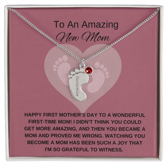 New Mom Gift | Mother's Day Gift for New Mom | Custom Name Necklace | Engraved Baby Foot Necklace with Birthstone