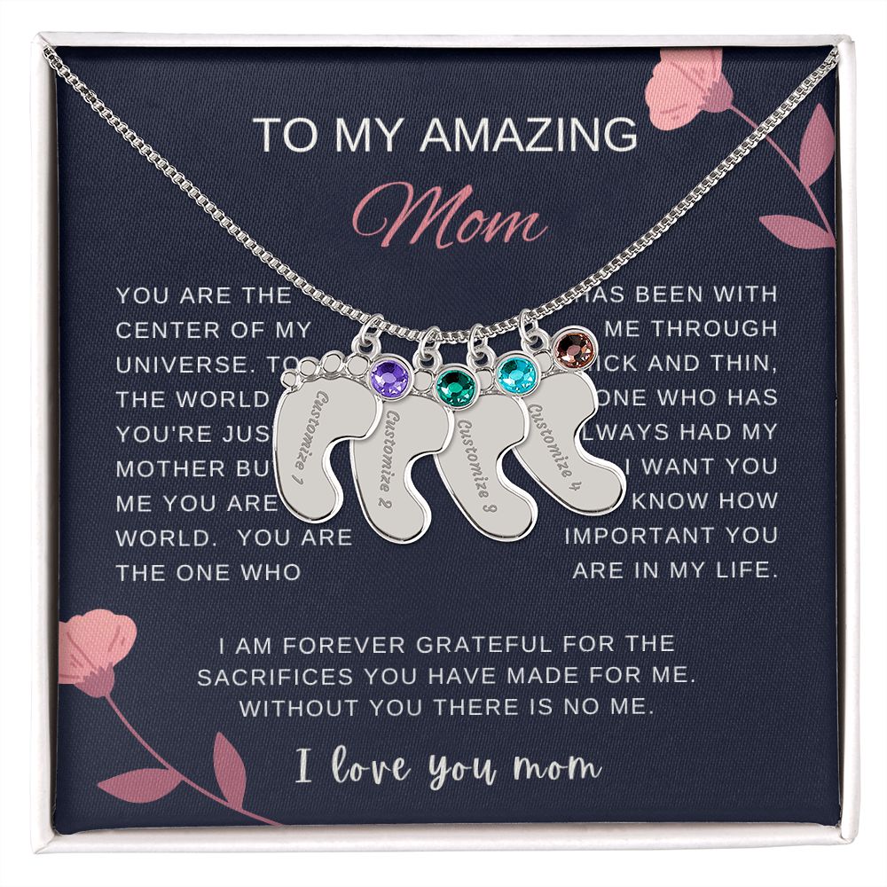 Custom Baby Feet Necklace with Birthstone | Engraved Baby Feet Necklace with Birthstone | Mother's Day Gift for Mom
