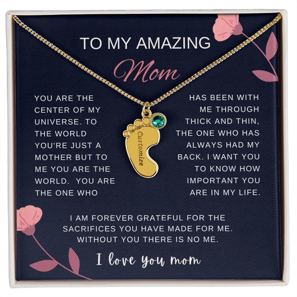Custom Baby Feet Necklace with Birthstone | Engraved Baby Feet Necklace with Birthstone | Mother's Day Gift for Mom