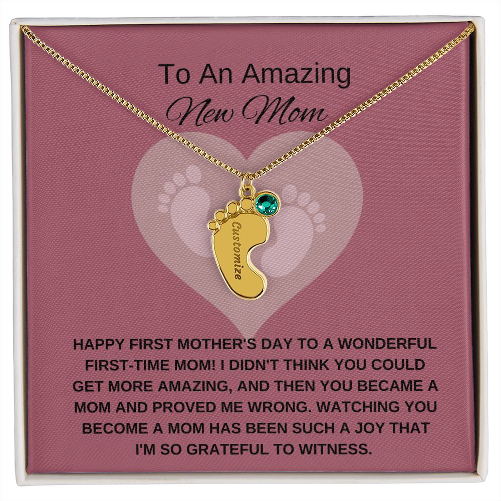 New Mom Gift | Mother's Day Gift for New Mom | Custom Name Necklace | Engraved Baby Foot Necklace with Birthstone