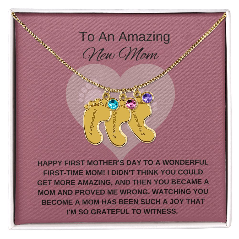New Mom Gift | Mother's Day Gift for New Mom | Custom Name Necklace | Engraved Baby Foot Necklace with Birthstone