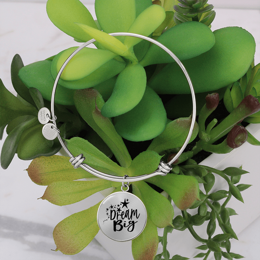 Bangle bracelet with circle pendant and quote Dream Big, stainless steel