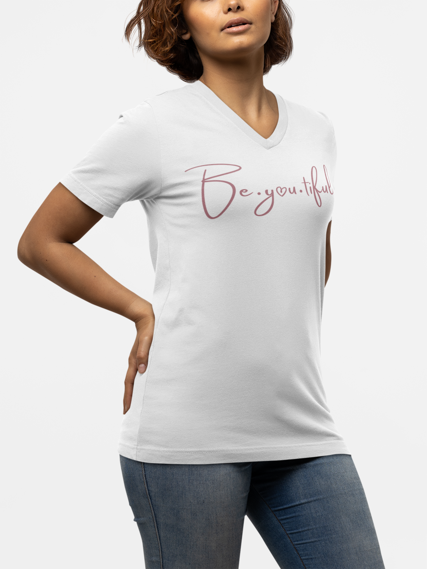 Beyoutiful V-Neck T-Shirt - White - pink lettering