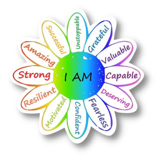 sunflower affirmation sticker, I'm AM affirmation sticker. I am unstoppable, I am grateful, I am valuable, I am capable, I am deserving, I am fearless, I am confident, I am motivated, I am resilient, I am strong, I am amazing, I am successful