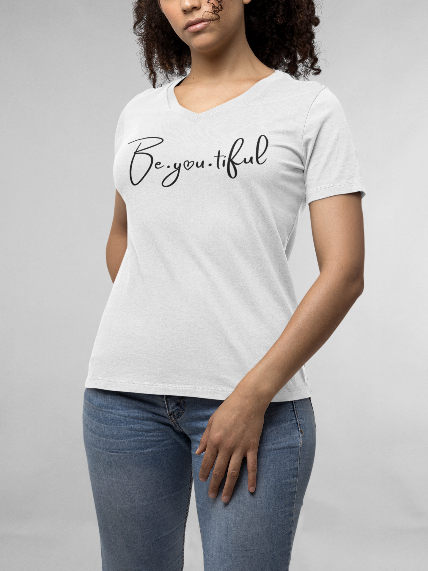 Beyoutiful V-Neck T-Shirt - White - black lettering