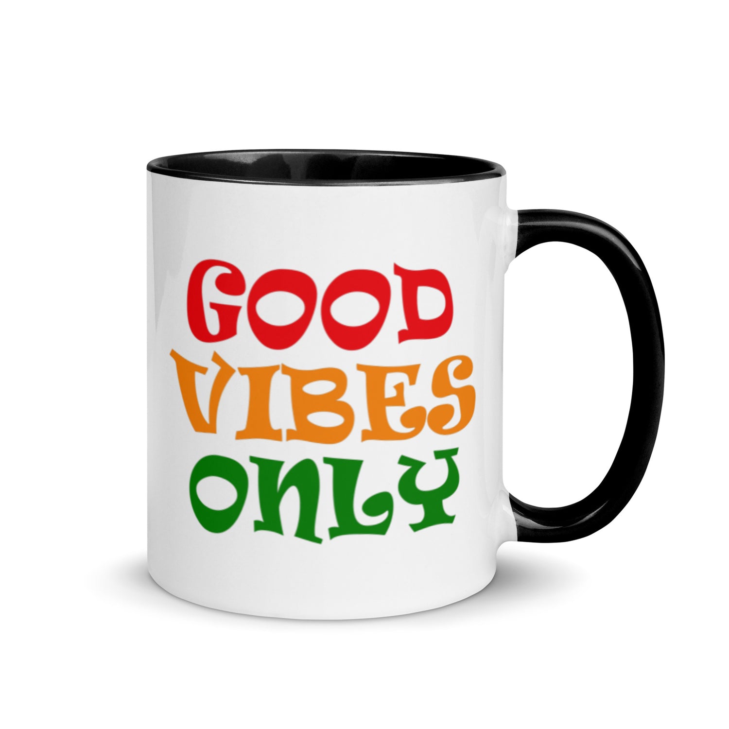 good vibes only ceramic mug, black interior and black handle