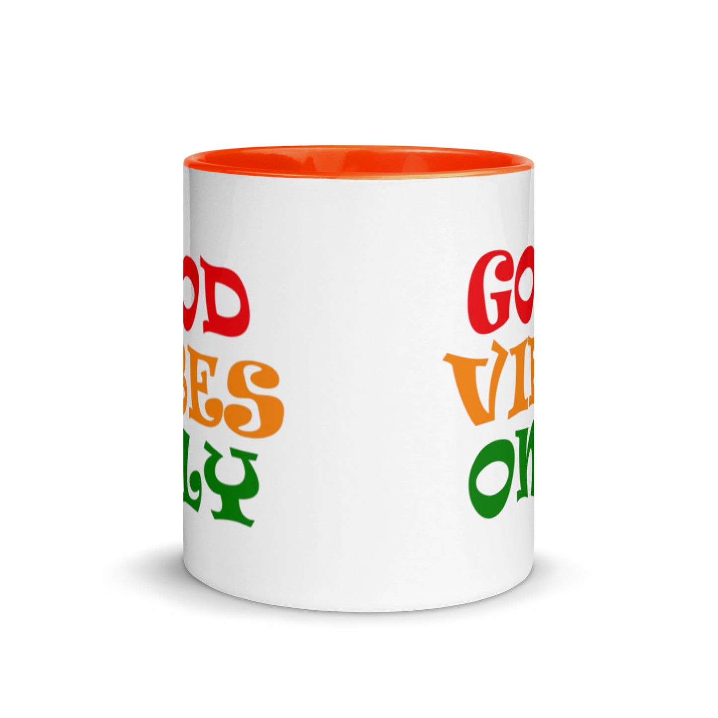 good vibes only ceramic mug, orange interior and orange handle