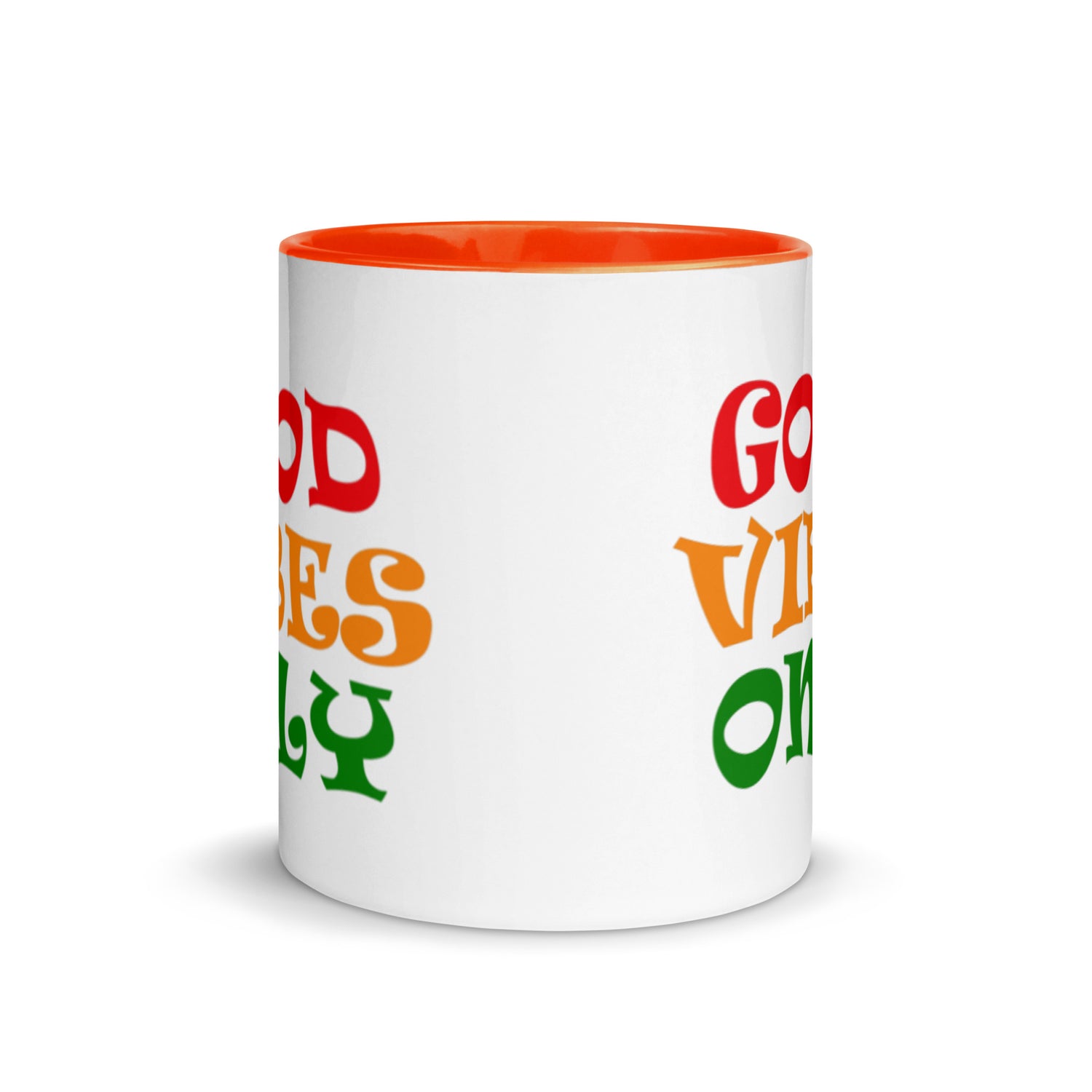 good vibes only ceramic mug, orange interior and orange handle