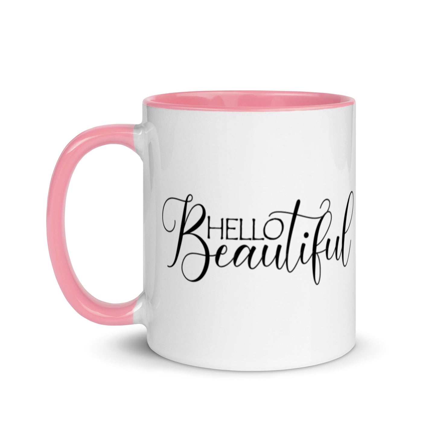 Hello beautiful mug with pink interior and handle