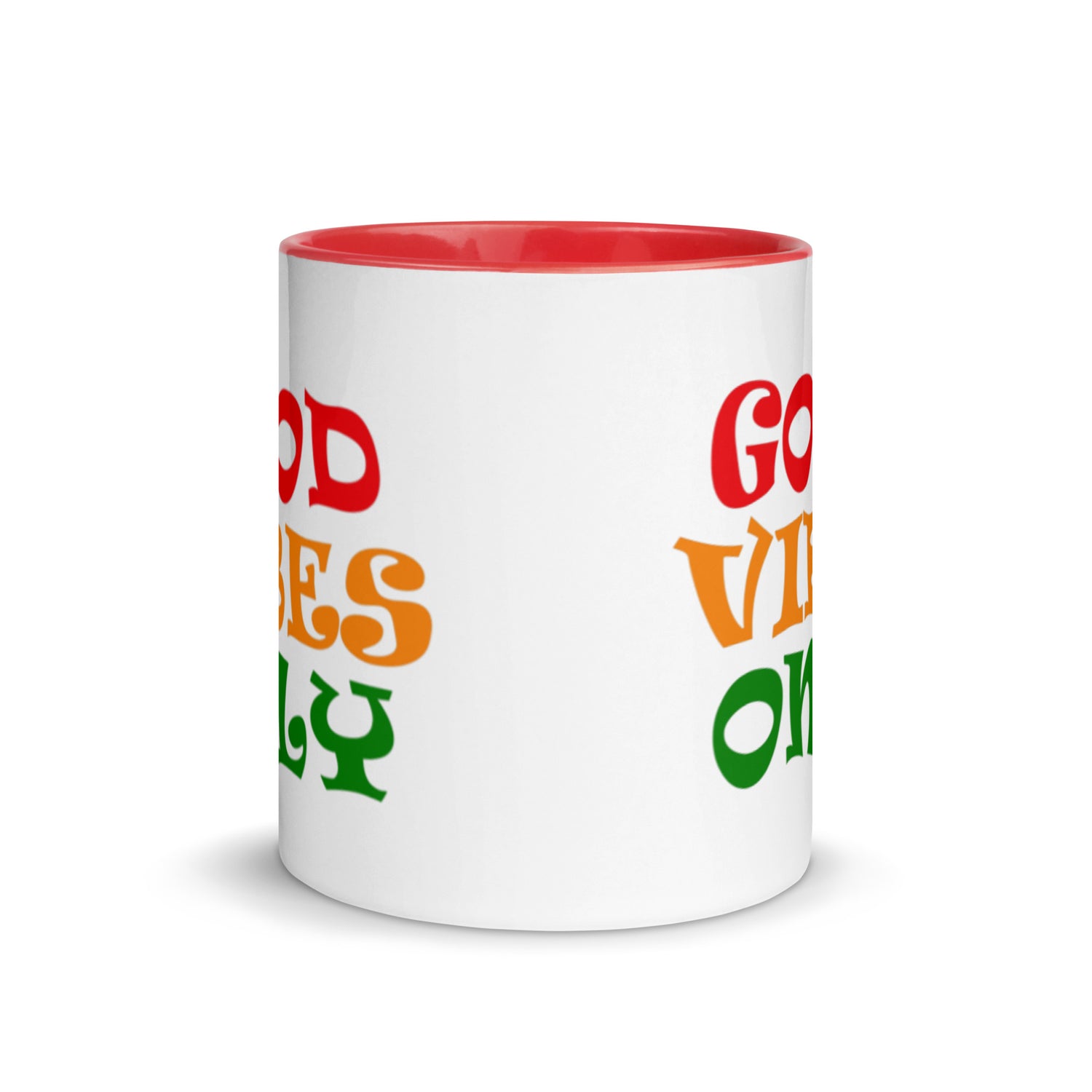 good vibes only ceramic mug, red interior and red handle