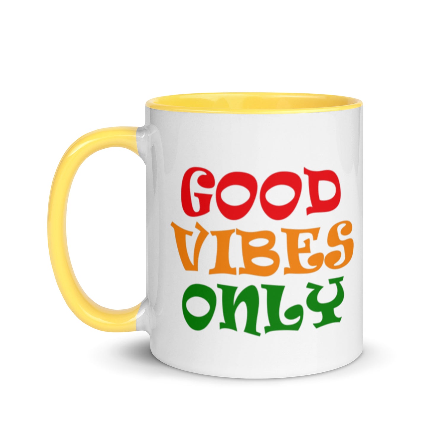 good vibes only ceramic mug, yellow interior and yellow handle